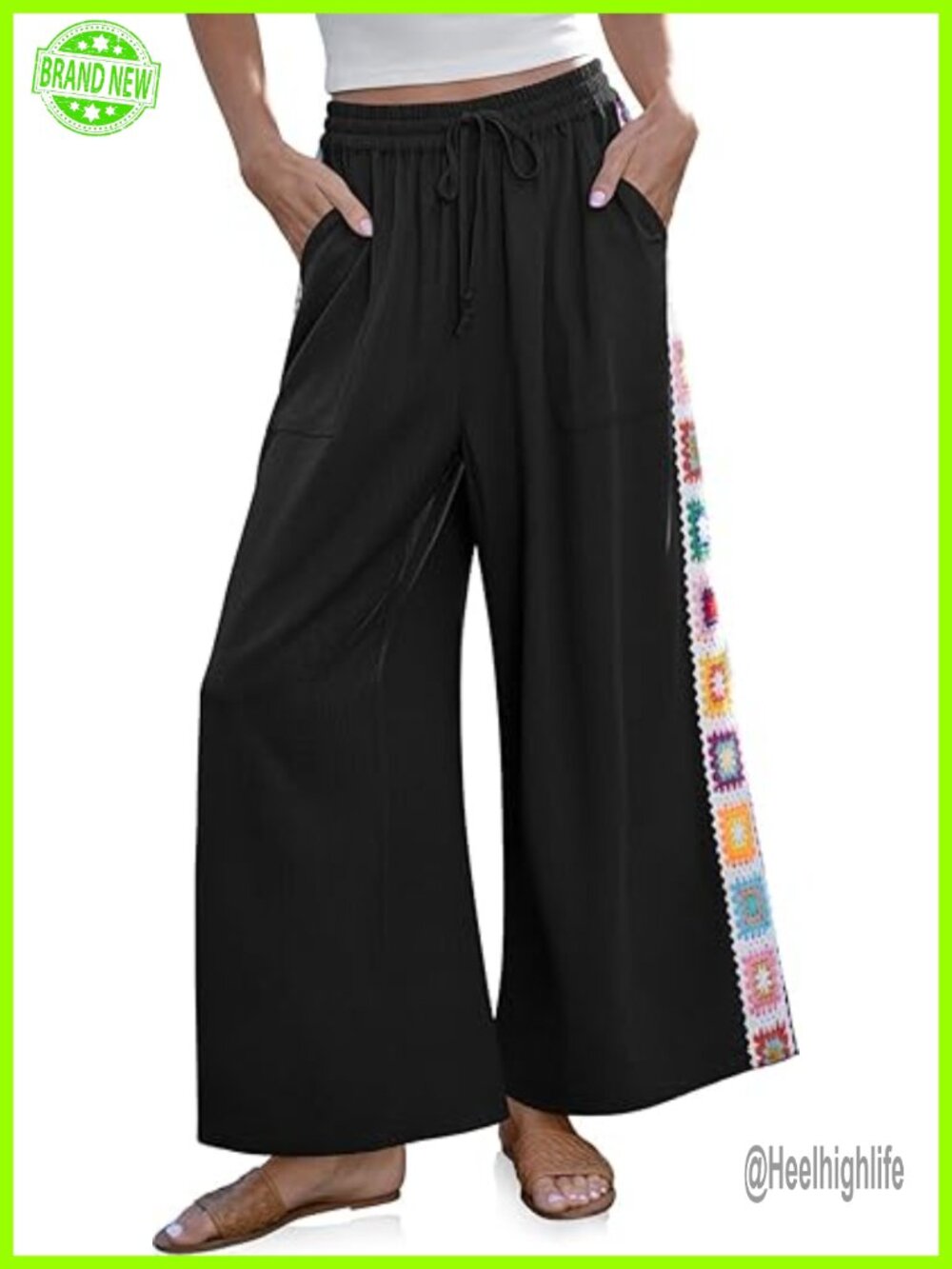 Linen Blend Wide Leg Palazzo Pants with Crochet Panels, Drawstring Waist,